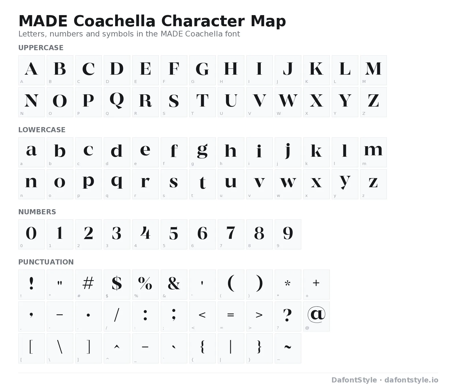 MADE Coachella font character map with uppercase and lowercase letters, numbers and symbols