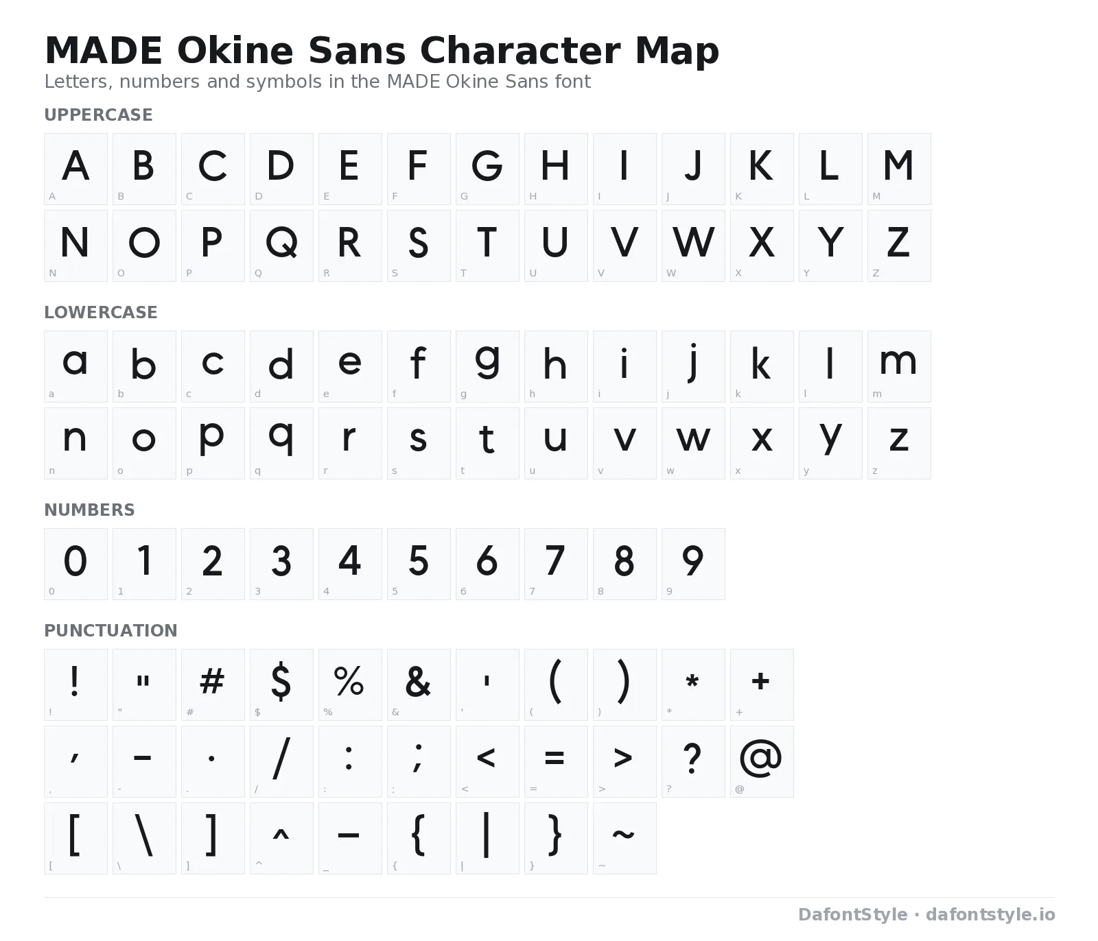 MADE Okine Sans font character map with uppercase and lowercase letters, numbers and symbols
