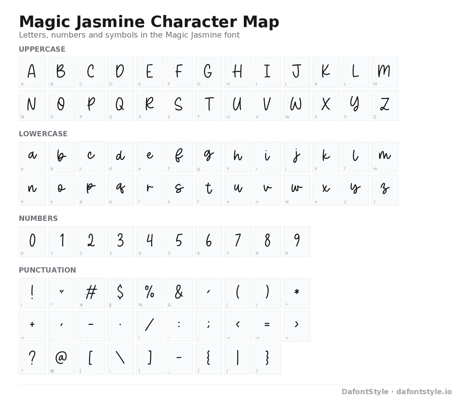 Magic Jasmine font character map with uppercase and lowercase letters, numbers and symbols
