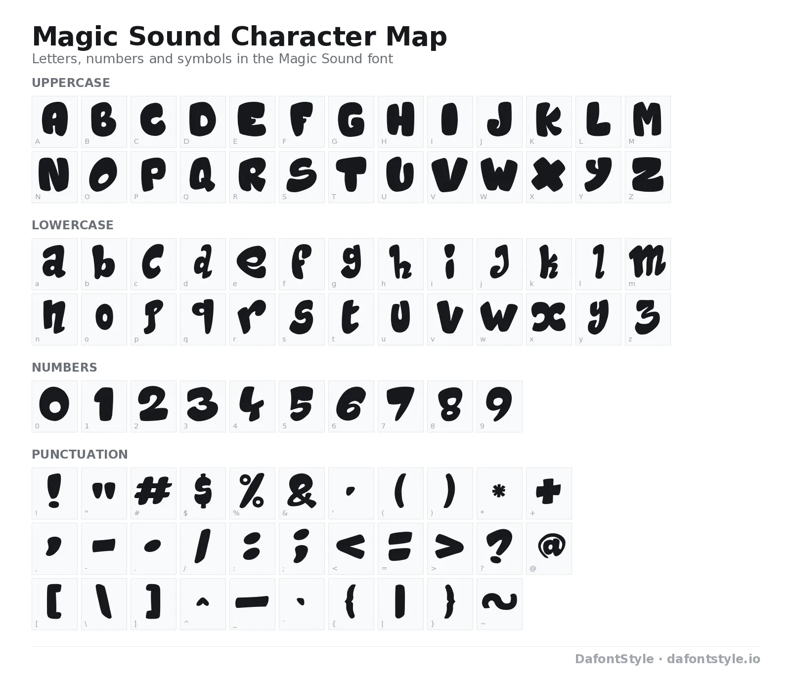 Magic Sound font character map with uppercase and lowercase letters, numbers and symbols