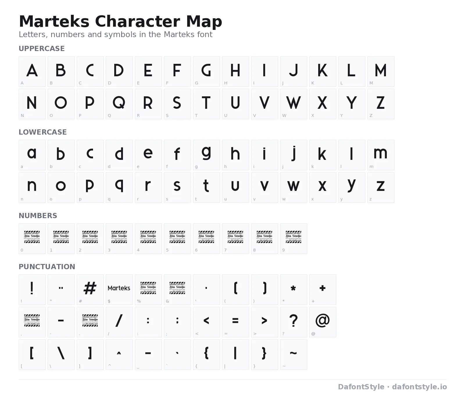 Marteks font character map with uppercase and lowercase letters, numbers and symbols