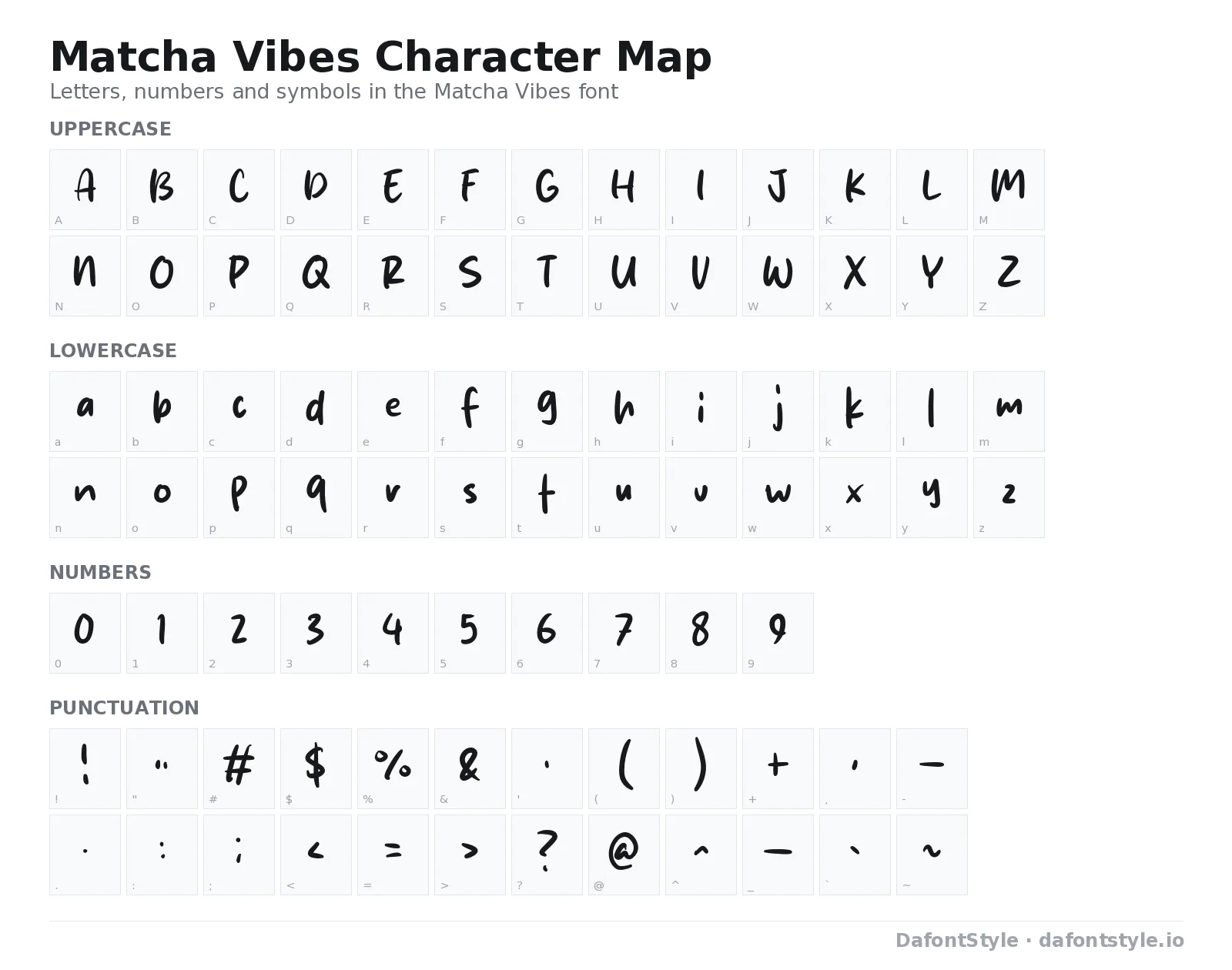 Matcha Vibes font character map with uppercase and lowercase letters, numbers and symbols