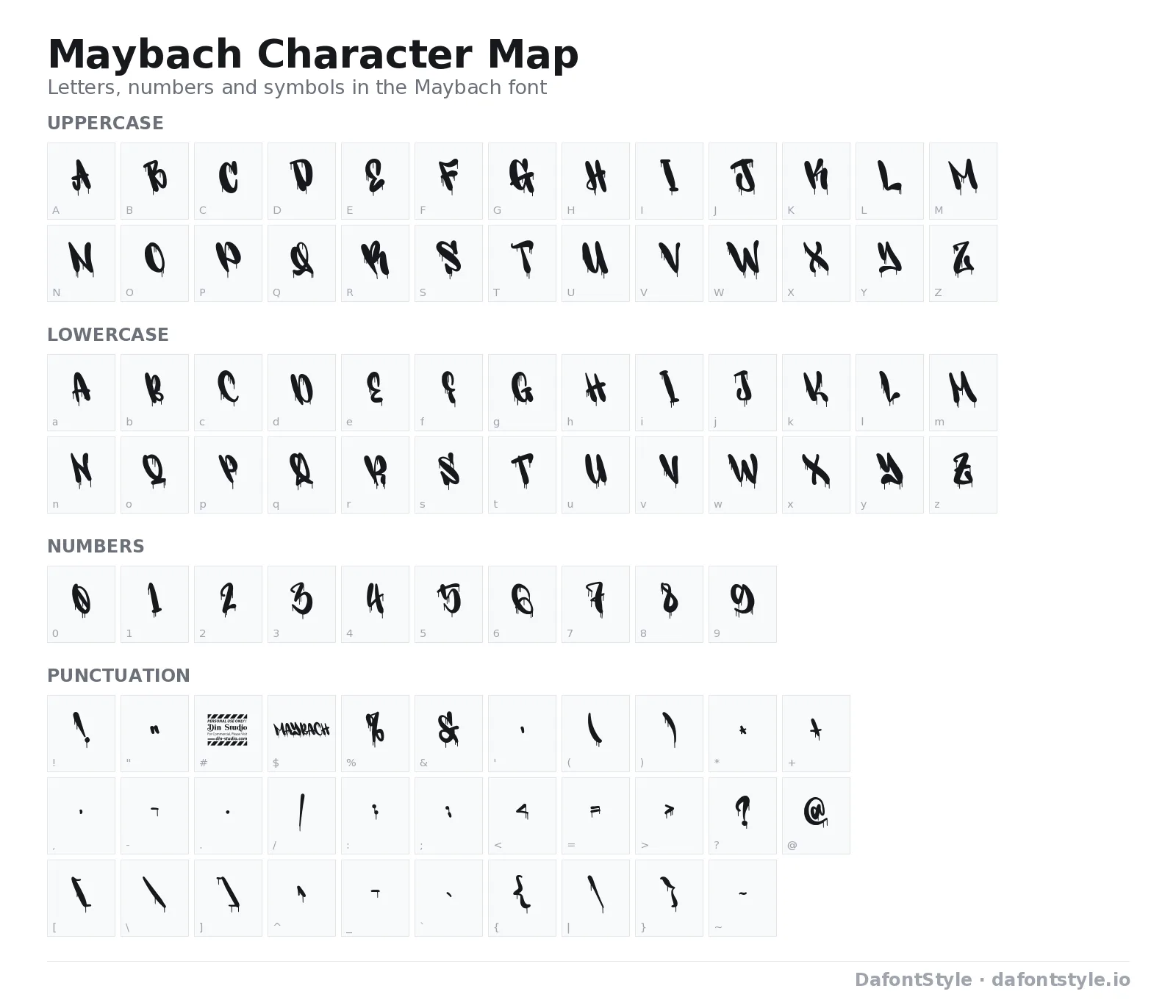 Maybach font character map with uppercase and lowercase letters, numbers and symbols