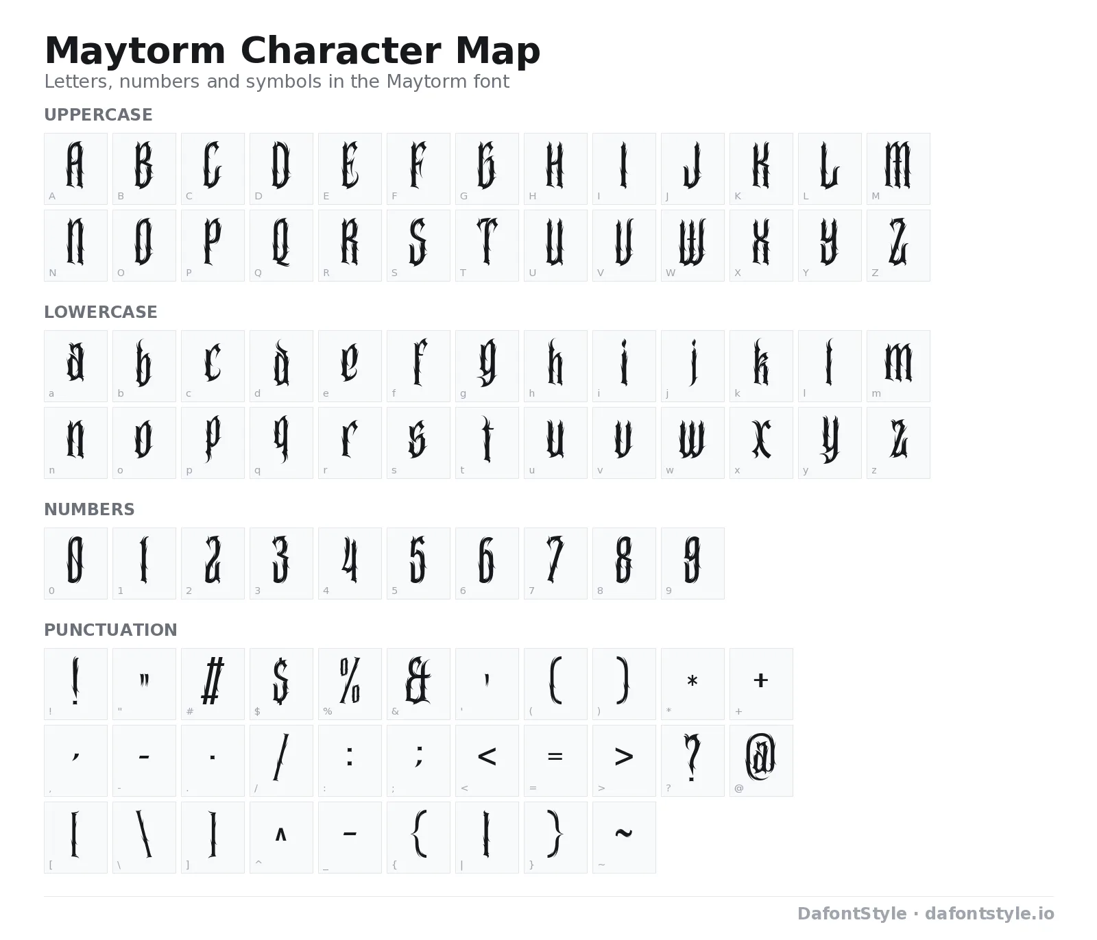 Maytorm font character map with uppercase and lowercase letters, numbers and symbols