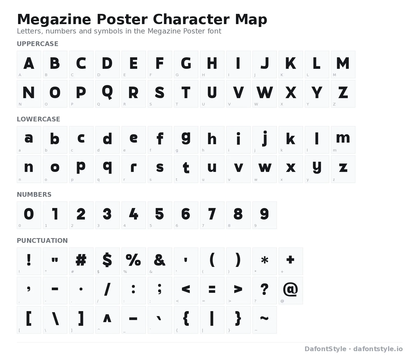 Megazine Poster font character map with uppercase and lowercase letters, numbers and symbols