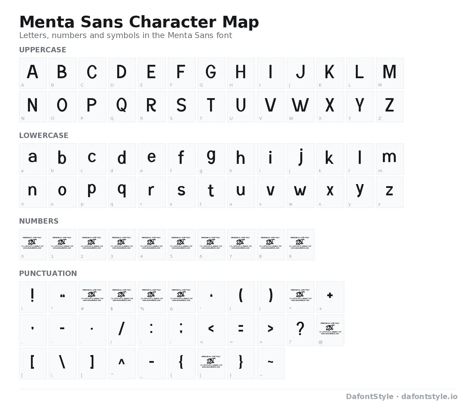 Menta Sans font character map with uppercase and lowercase letters, numbers and symbols