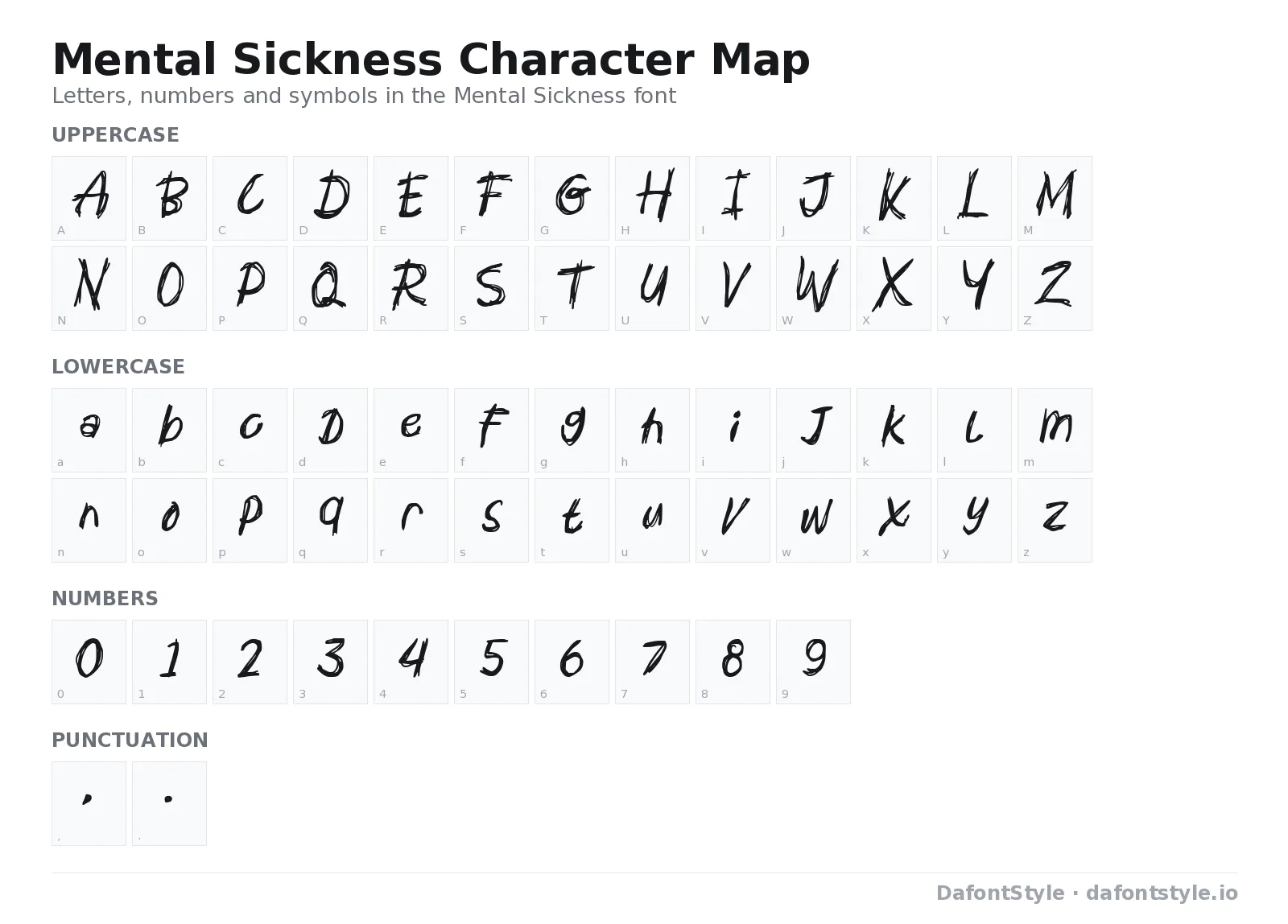 Mental Sickness font character map with uppercase and lowercase letters, numbers and symbols