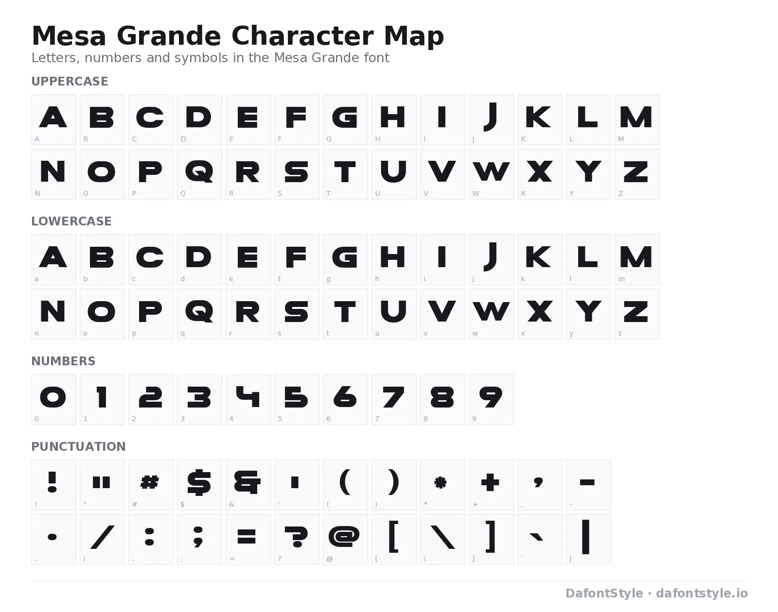 Mesa Grande font character map with uppercase and lowercase letters, numbers and symbols