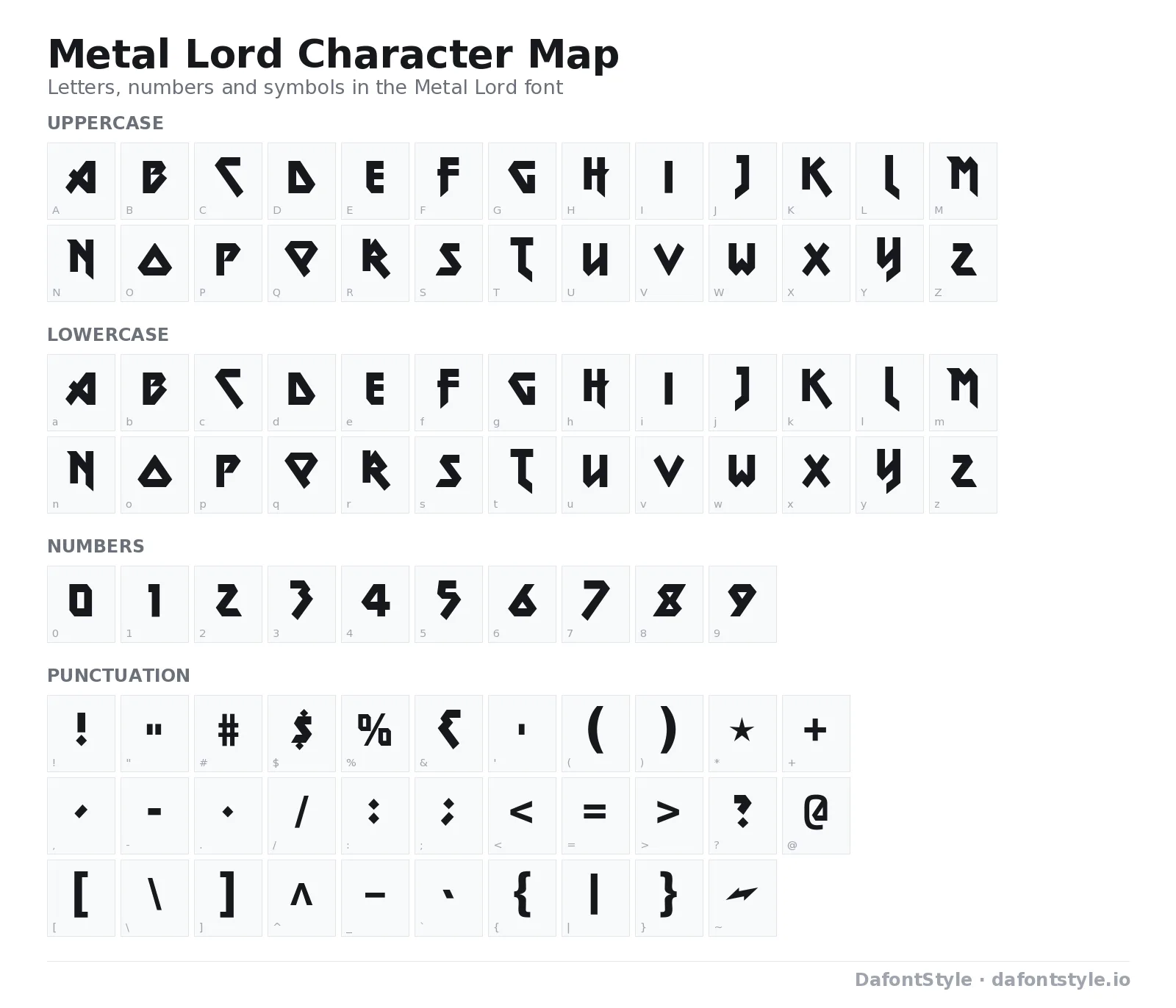 Metal Lord font character map with uppercase and lowercase letters, numbers and symbols