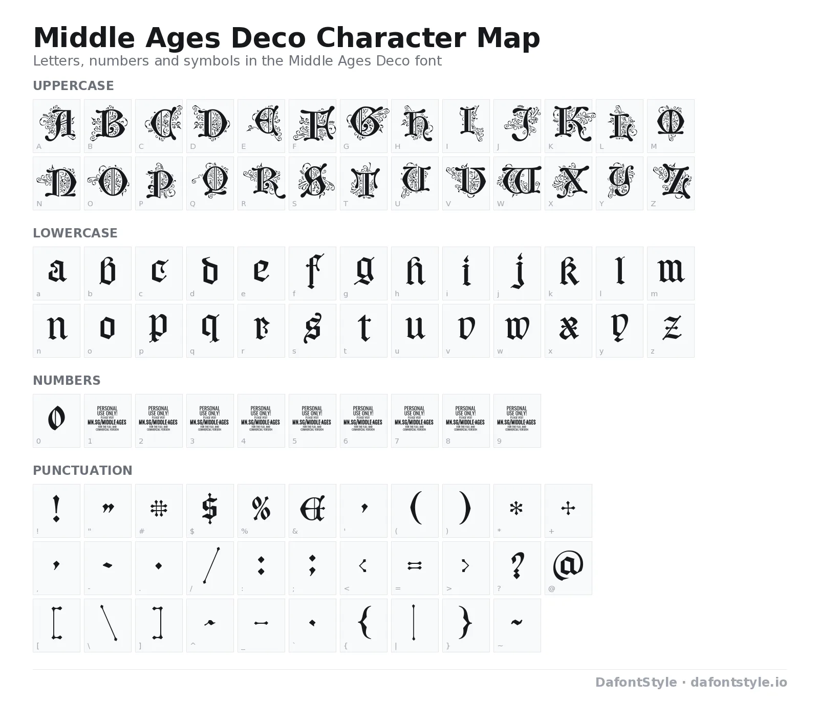 Middle Ages Deco font character map with uppercase and lowercase letters, numbers and symbols