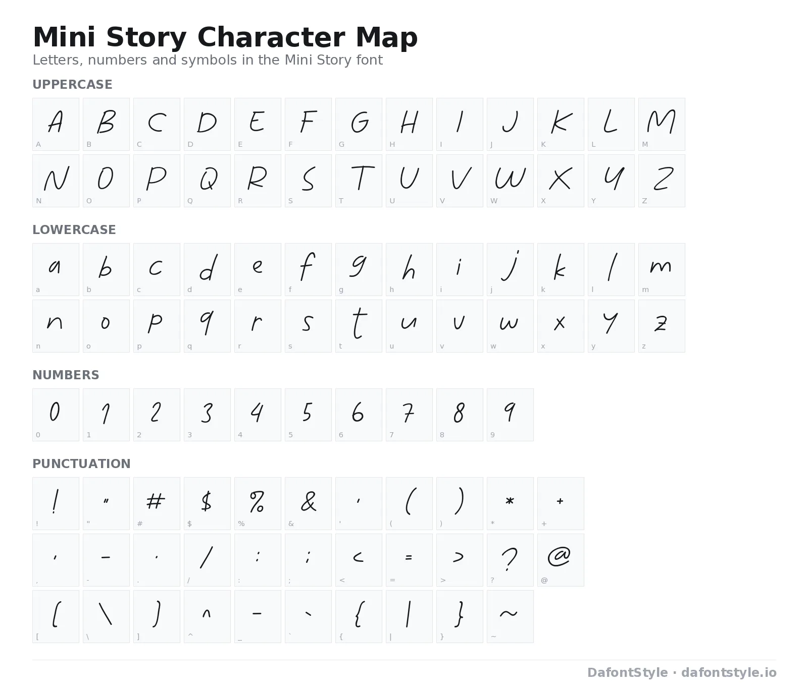 Mini Story font character map with uppercase and lowercase letters, numbers and symbols