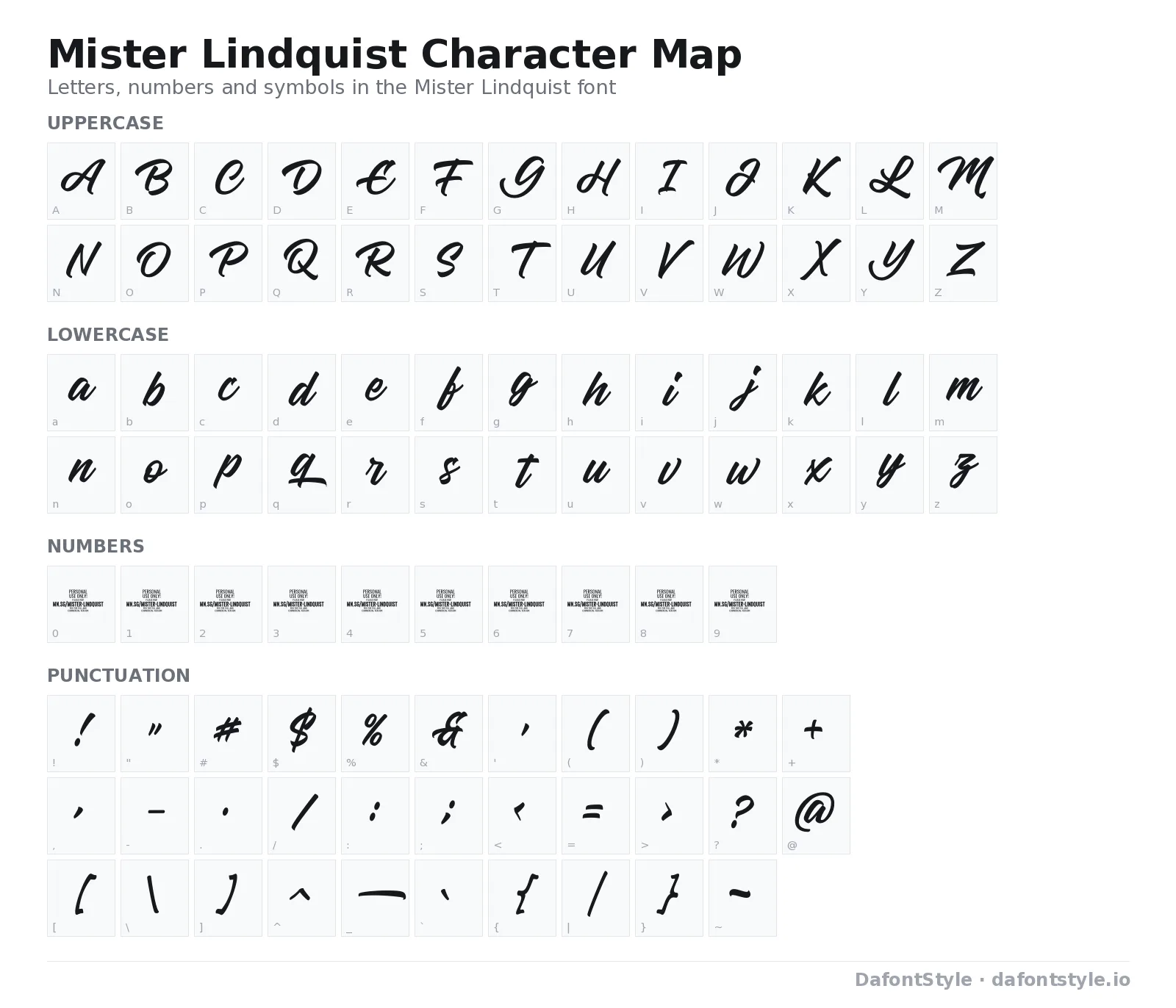 Mister Lindquist font character map with uppercase and lowercase letters, numbers and symbols
