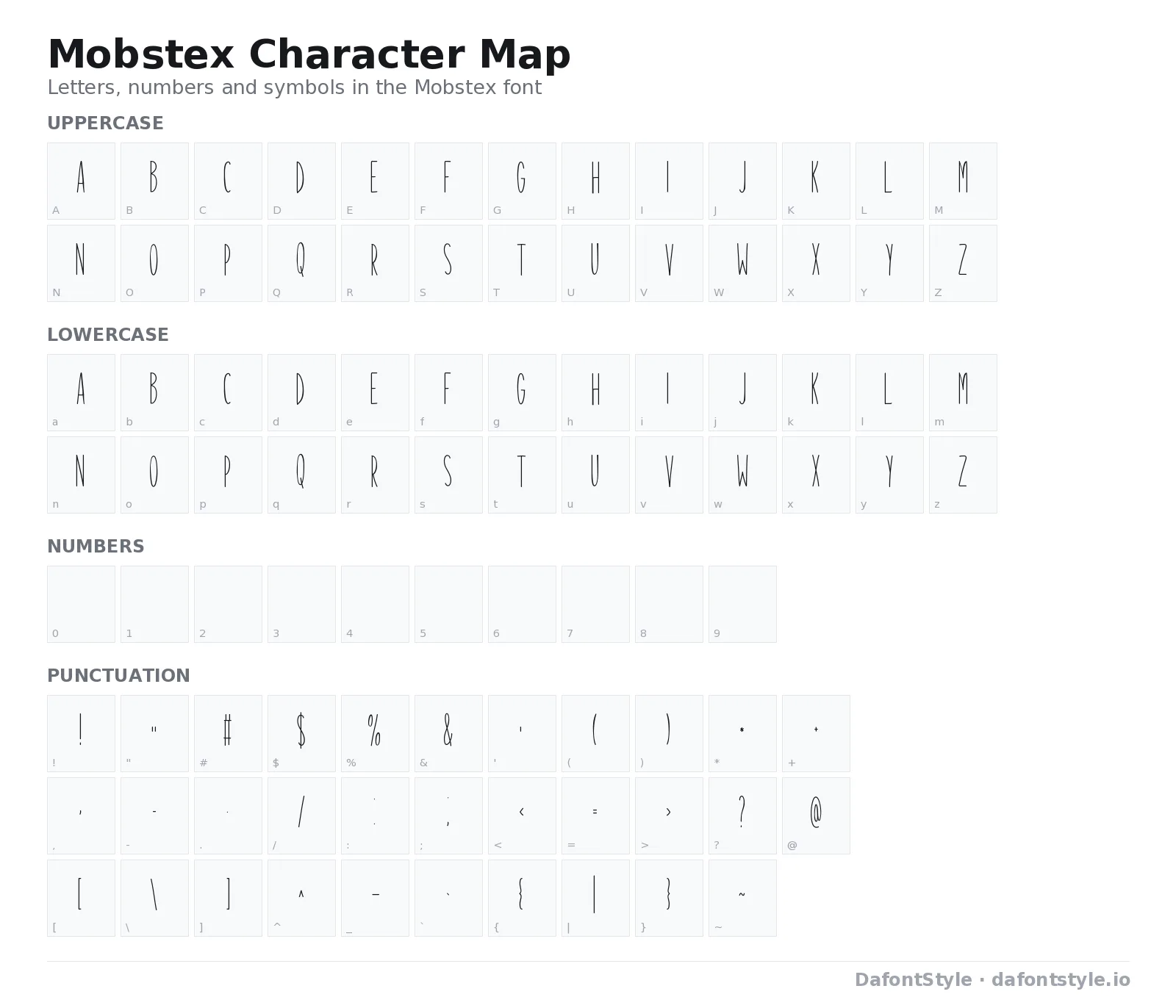 Mobstex font character map with uppercase and lowercase letters, numbers and symbols