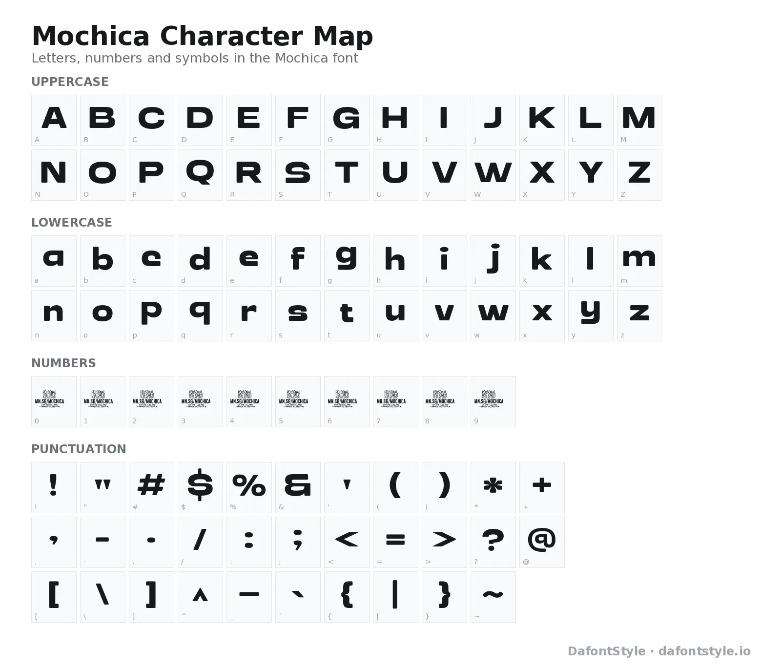 Mochica font character map with uppercase and lowercase letters, numbers and symbols