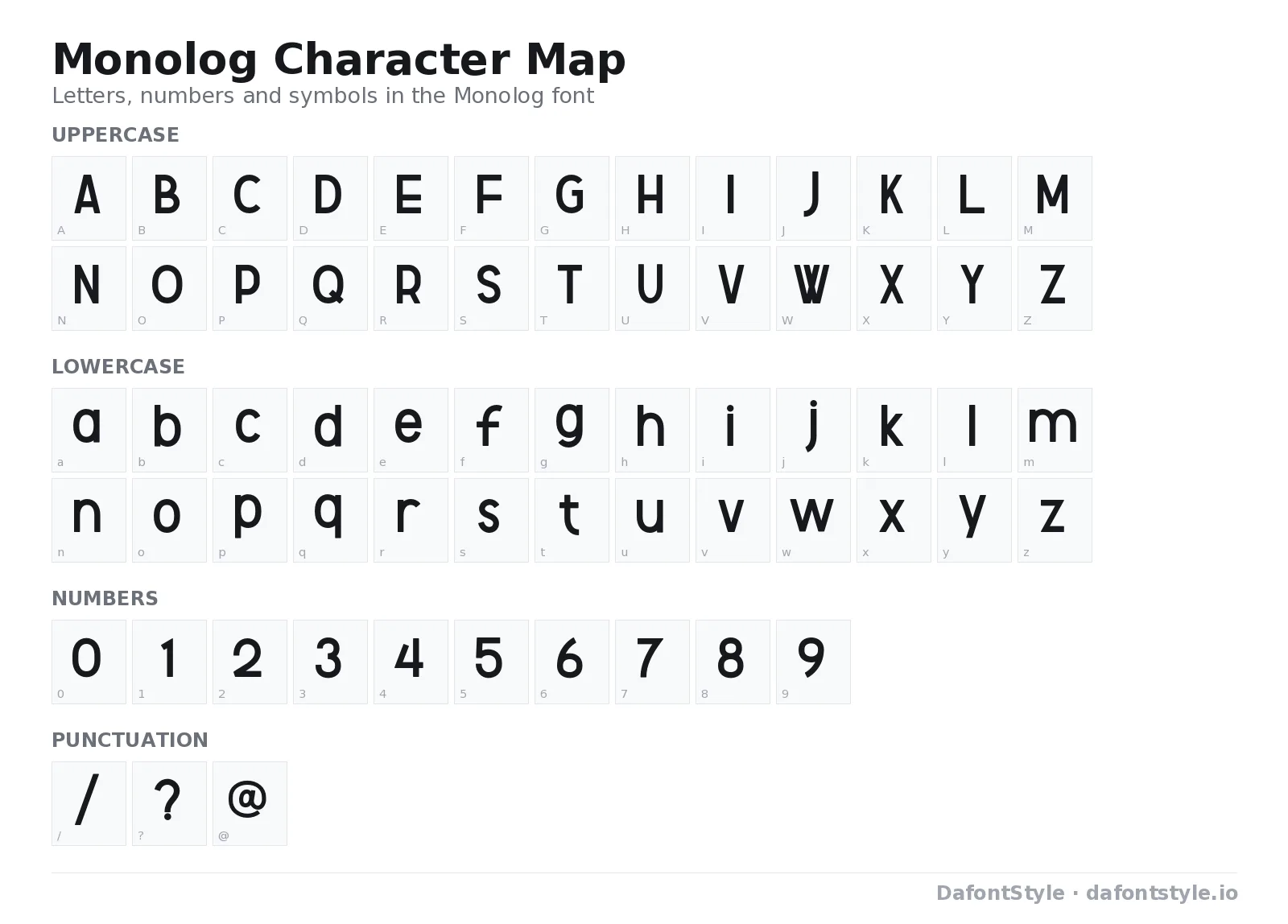 Monolog font character map with uppercase and lowercase letters, numbers and symbols