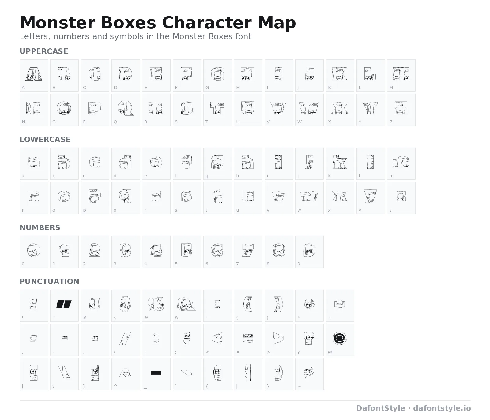 Monster Boxes font character map with uppercase and lowercase letters, numbers and symbols