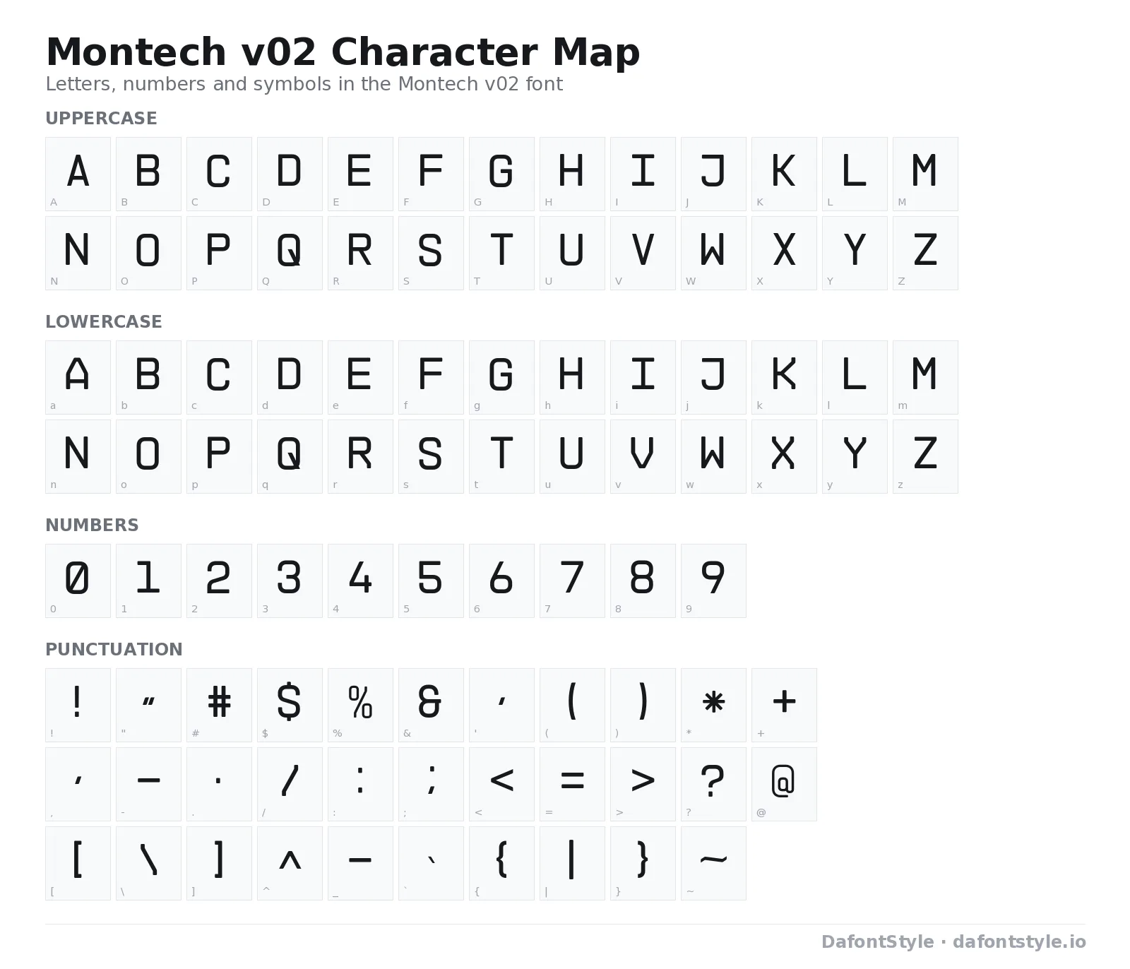 Montech v02 font character map with uppercase and lowercase letters, numbers and symbols