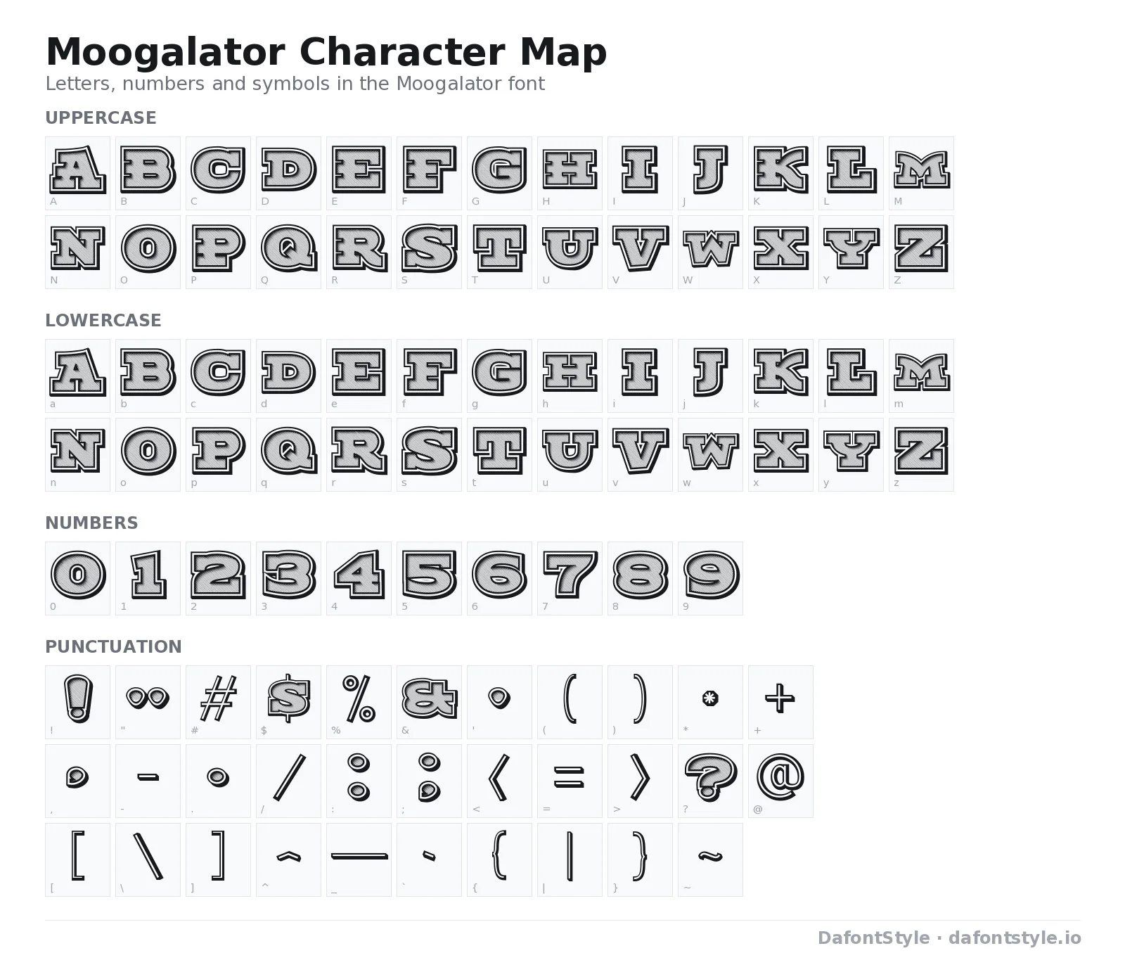Moogalator font character map with uppercase and lowercase letters, numbers and symbols