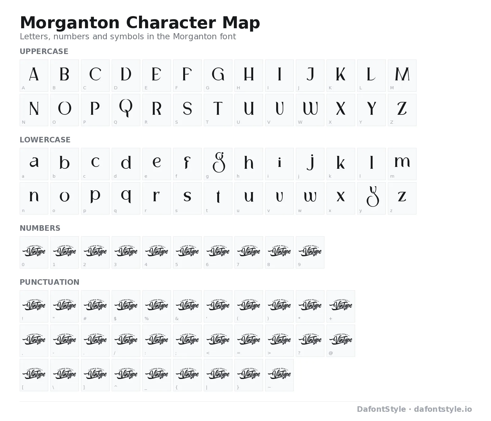 Morganton font character map with uppercase and lowercase letters, numbers and symbols