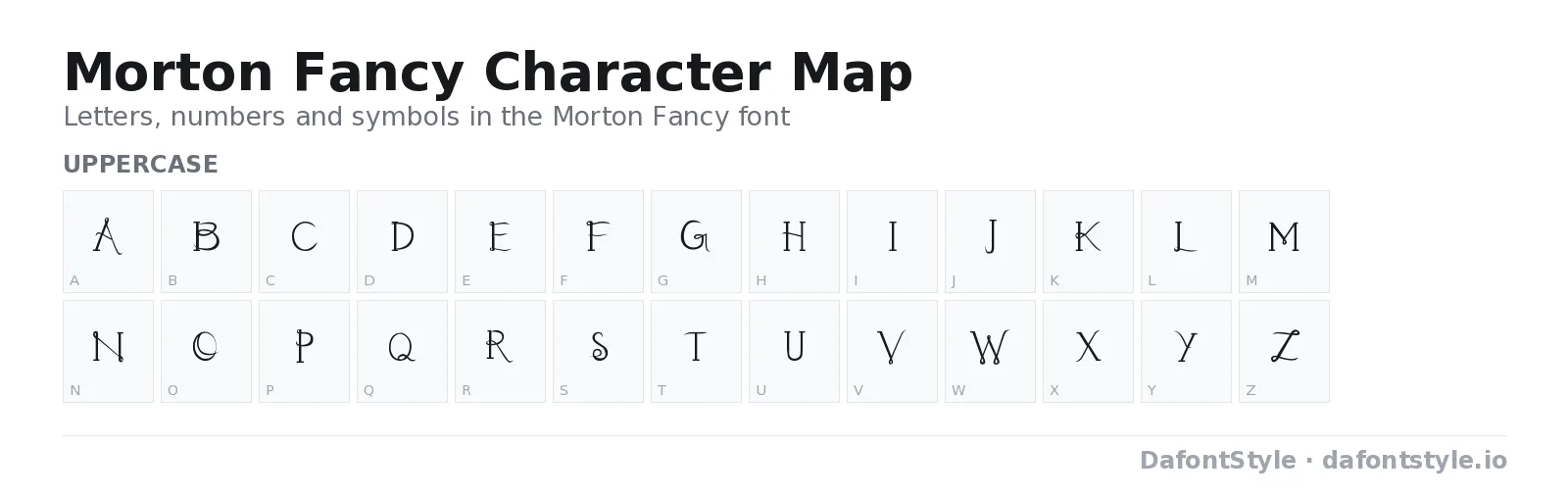 Morton Fancy font character map with uppercase and lowercase letters, numbers and symbols