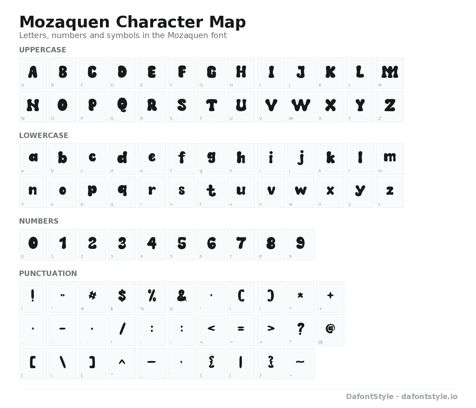 Mozaquen font character map with uppercase and lowercase letters, numbers and symbols