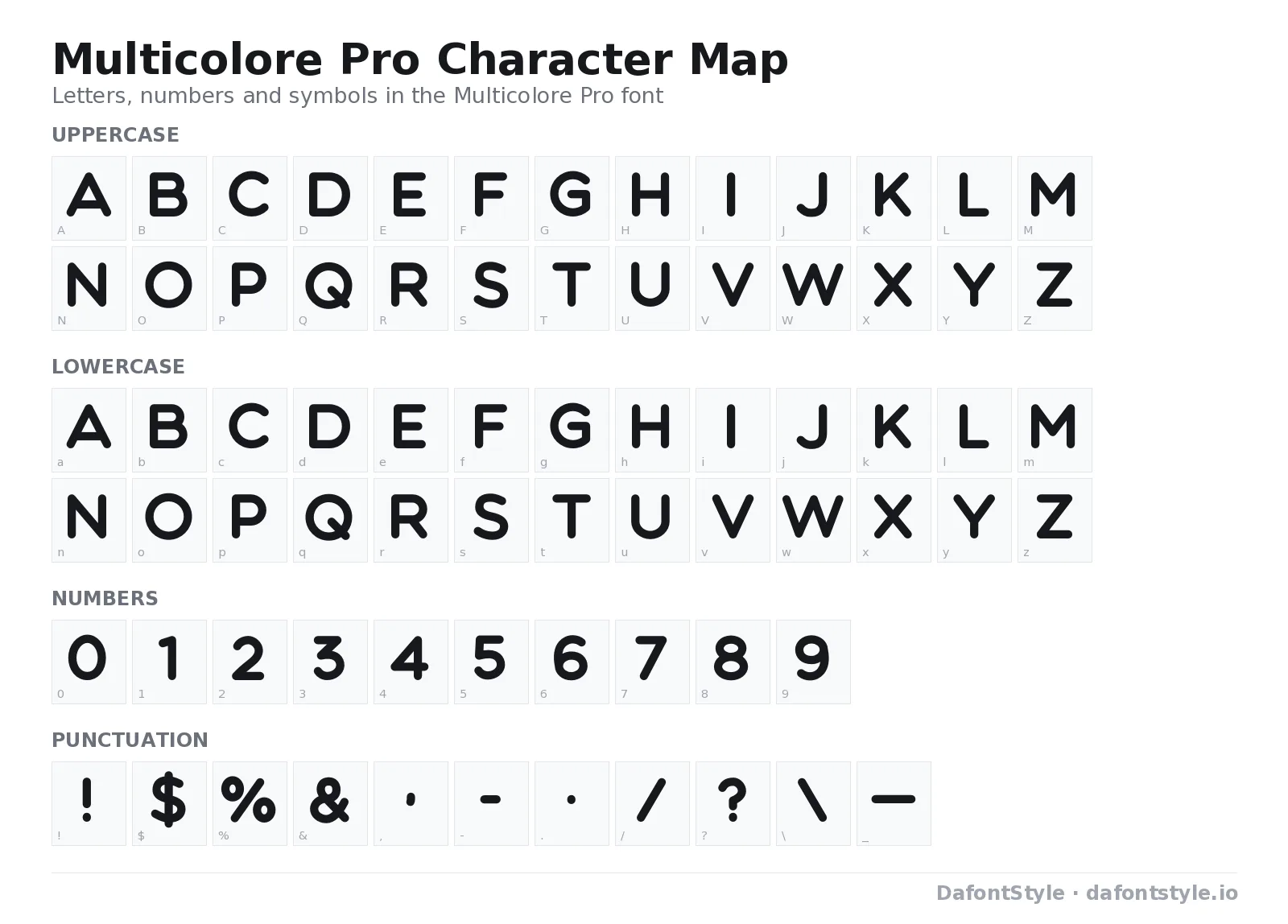 Multicolore Pro font character map with uppercase and lowercase letters, numbers and symbols
