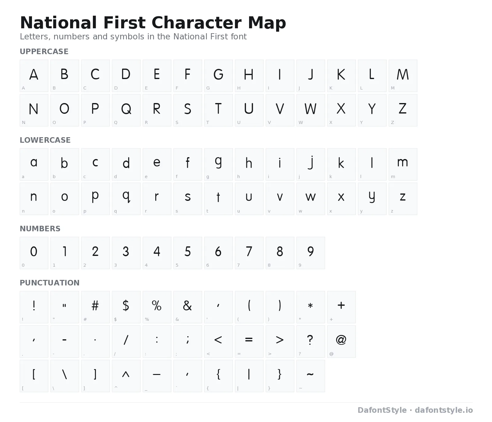 National First font character map with uppercase and lowercase letters, numbers and symbols