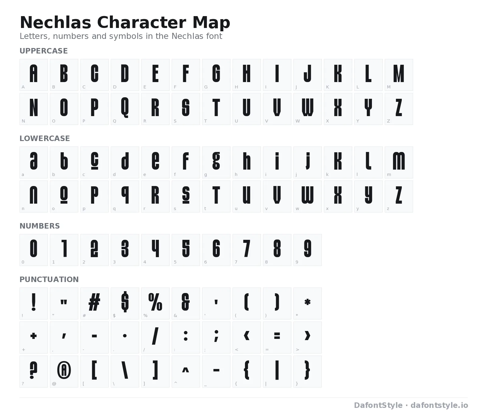 Nechlas font character map with uppercase and lowercase letters, numbers and symbols