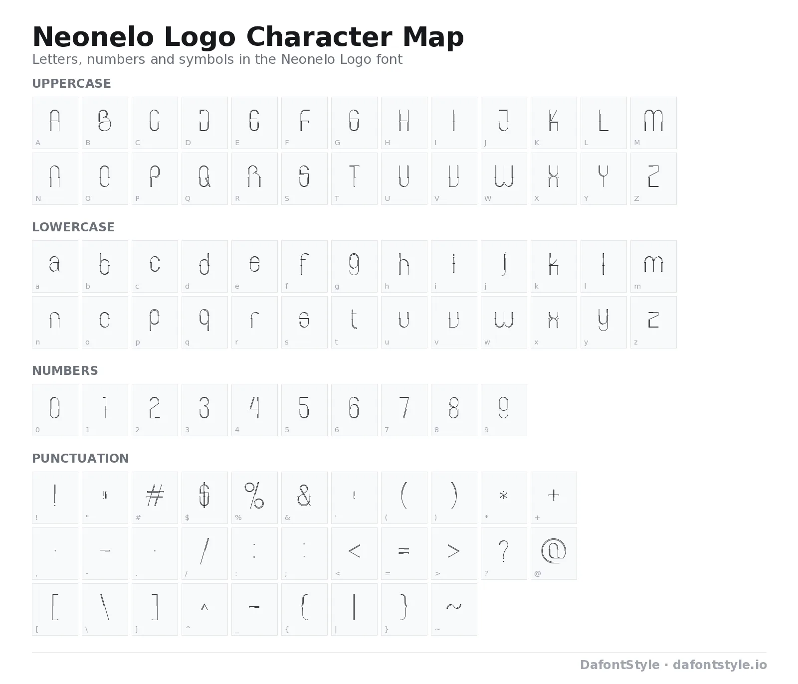 Neonelo Logo font character map with uppercase and lowercase letters, numbers and symbols
