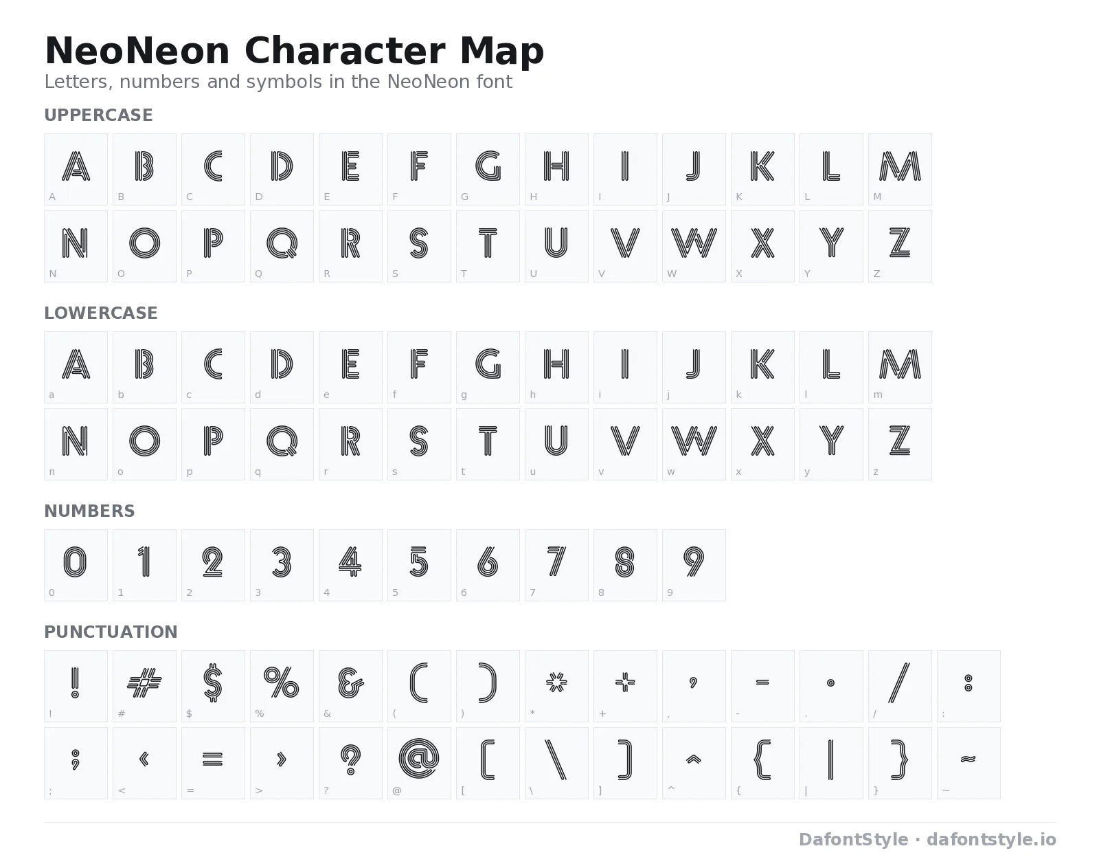 NeoNeon font character map with uppercase and lowercase letters, numbers and symbols
