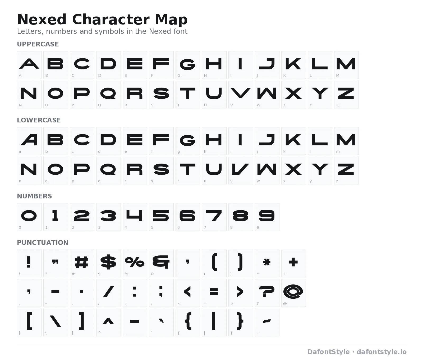 Nexed font character map with uppercase and lowercase letters, numbers and symbols