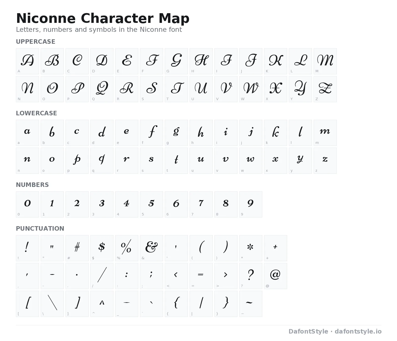 Niconne font character map with uppercase and lowercase letters, numbers and symbols