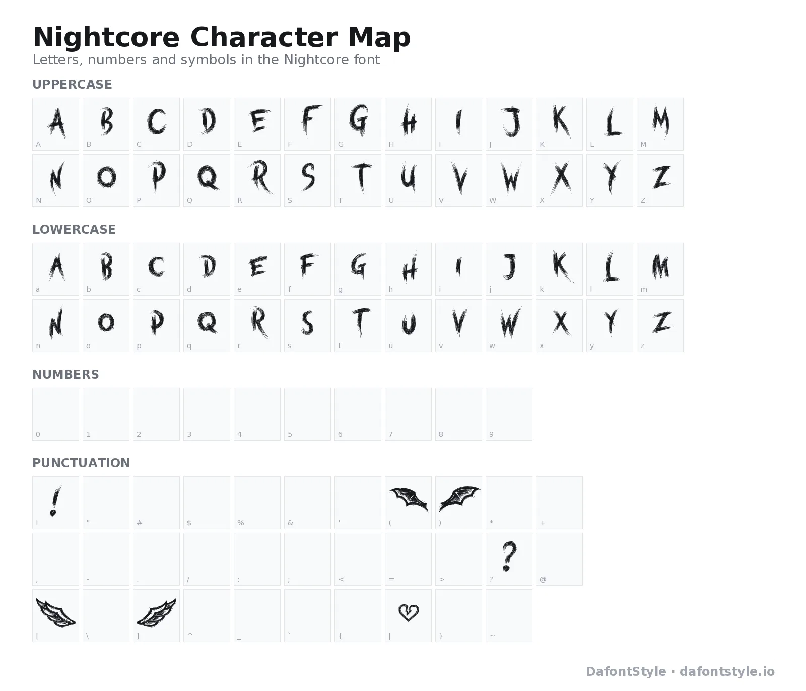 Nightcore font character map with uppercase and lowercase letters, numbers and symbols