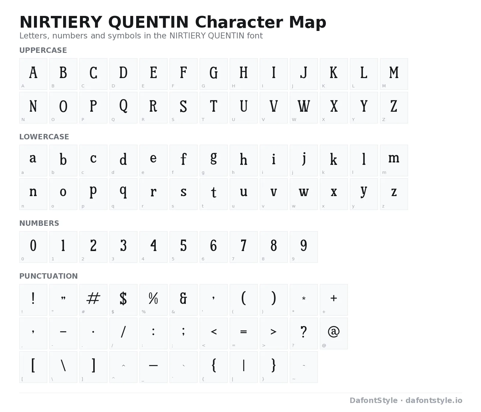 NIRTIERY QUENTIN font character map with uppercase and lowercase letters, numbers and symbols