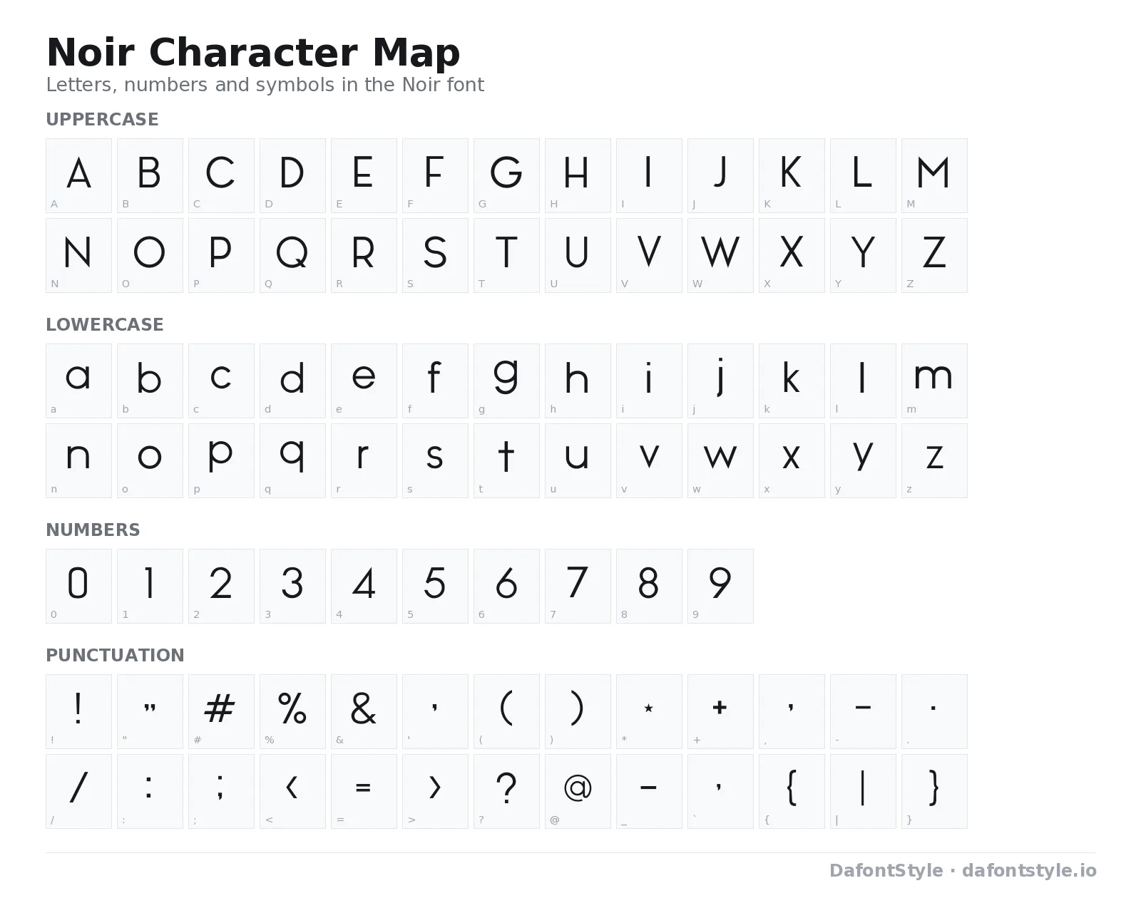 Noir font character map with uppercase and lowercase letters, numbers and symbols