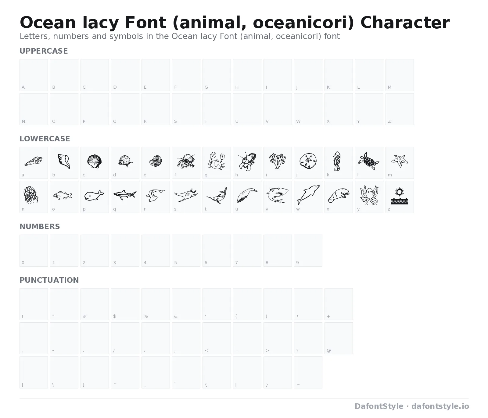 Ocean Iacy Font (animal, oceanicori) font character map with uppercase and lowercase letters, numbers and symbols