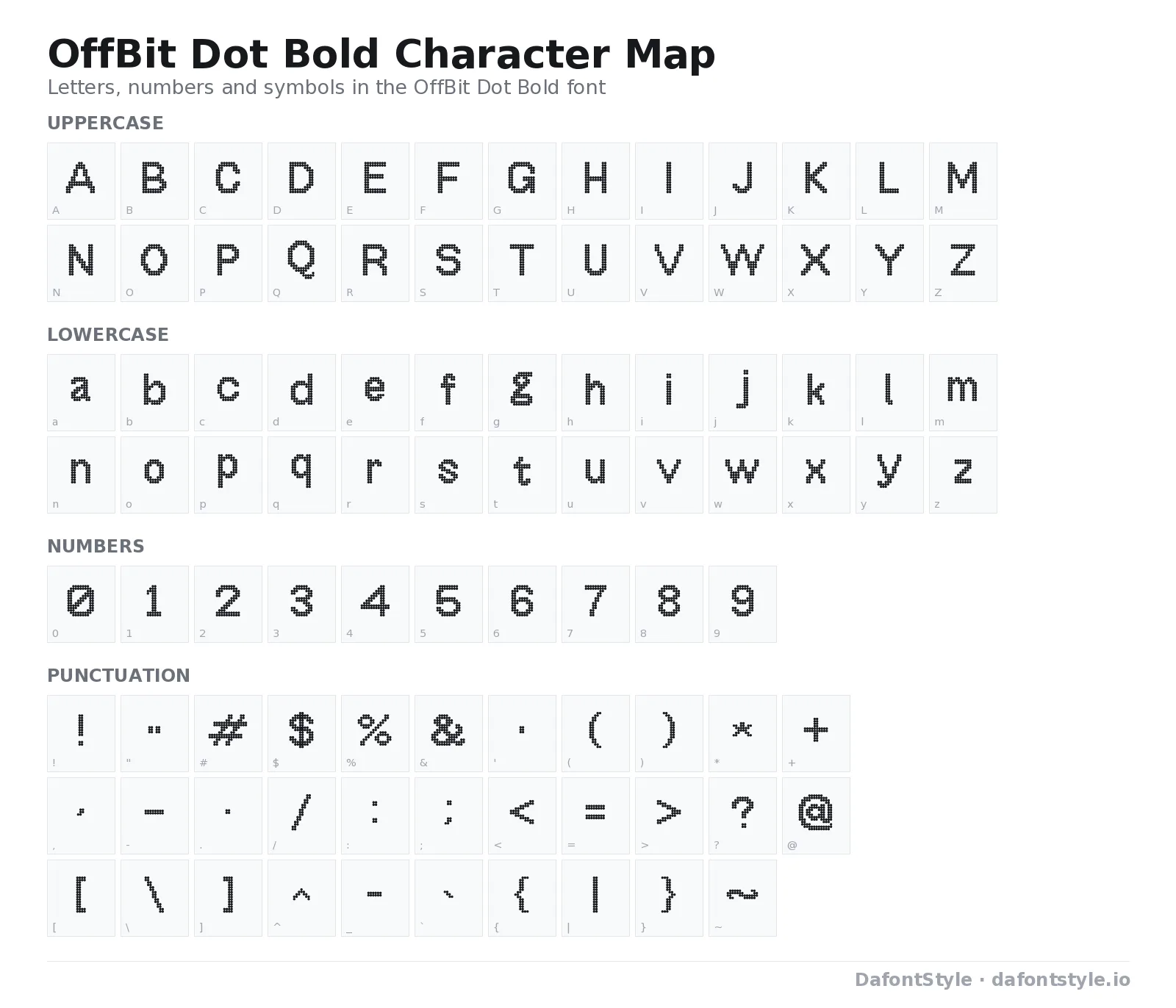 OffBit Dot Bold font character map with uppercase and lowercase letters, numbers and symbols