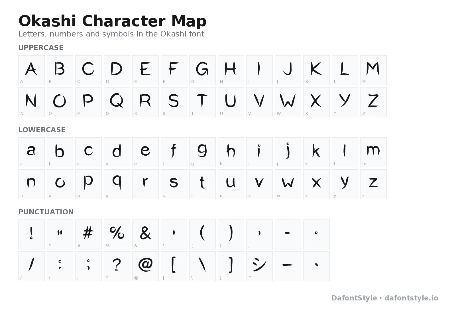 Okashi font character map with uppercase and lowercase letters, numbers and symbols