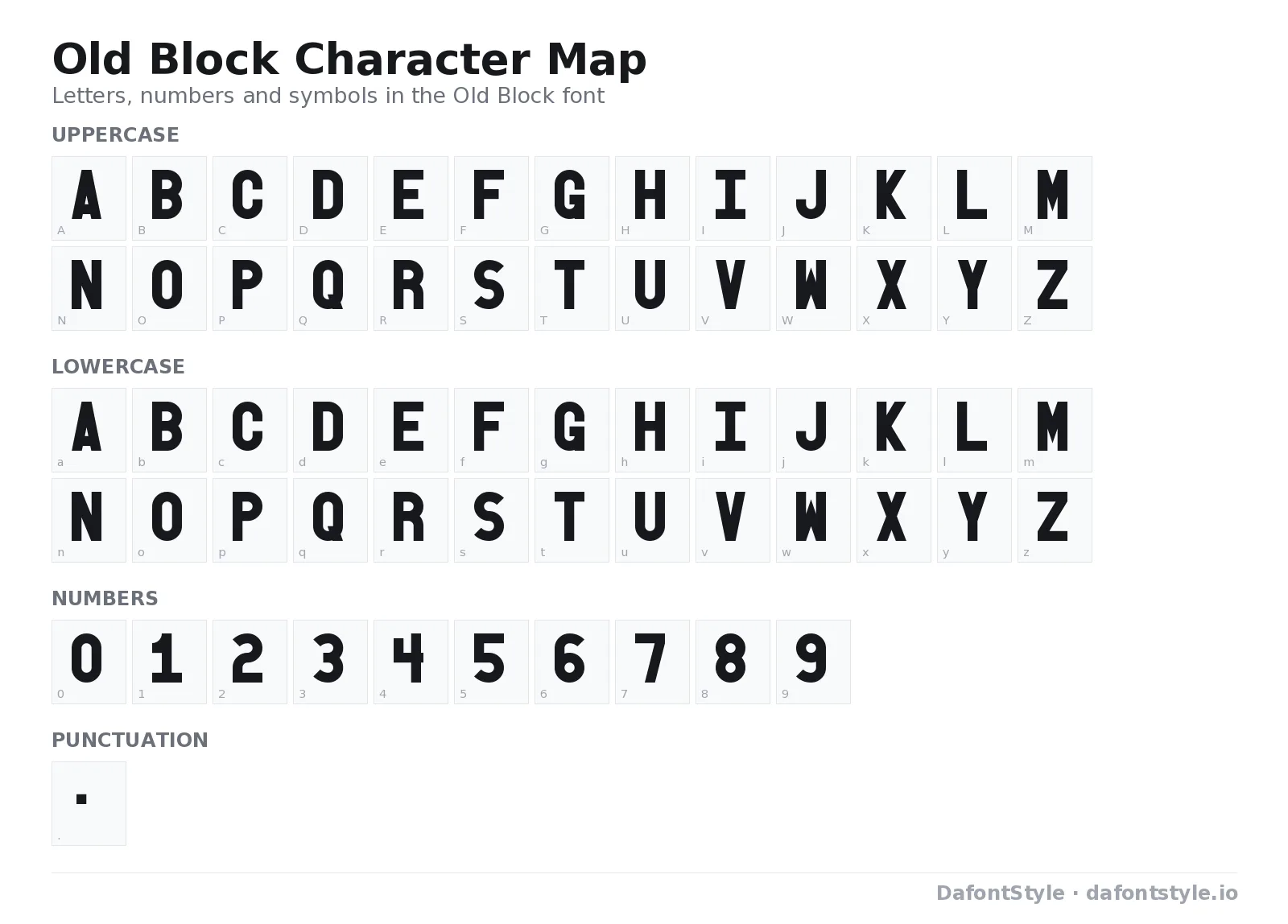 Old Block font character map with uppercase and lowercase letters, numbers and symbols