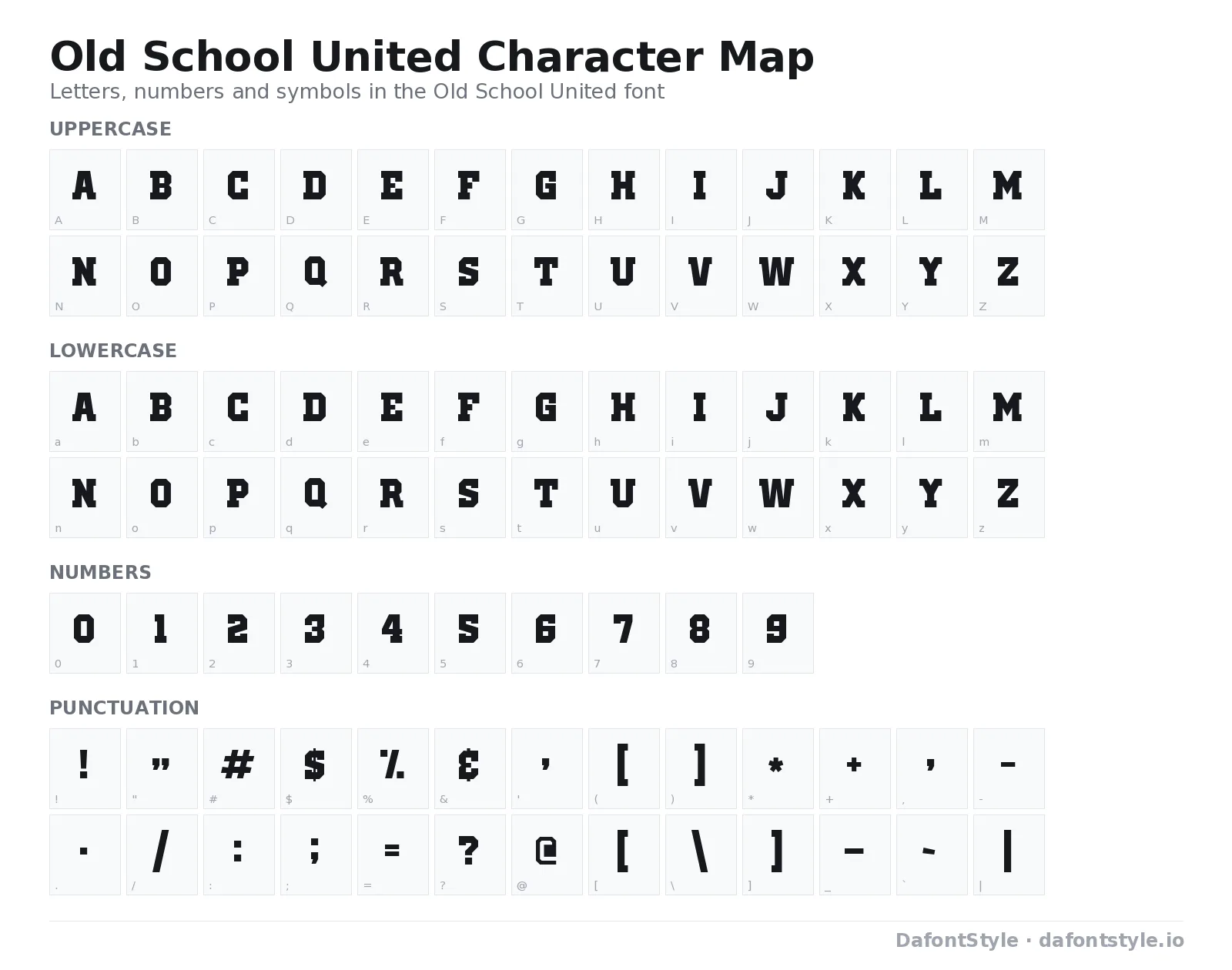 Old School United font character map with uppercase and lowercase letters, numbers and symbols