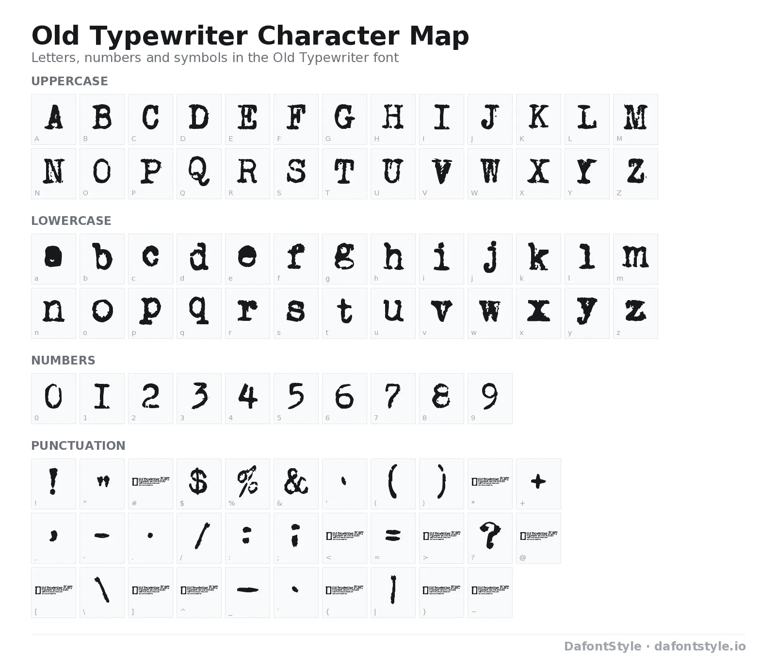 Old Typewriter font character map with uppercase and lowercase letters, numbers and symbols