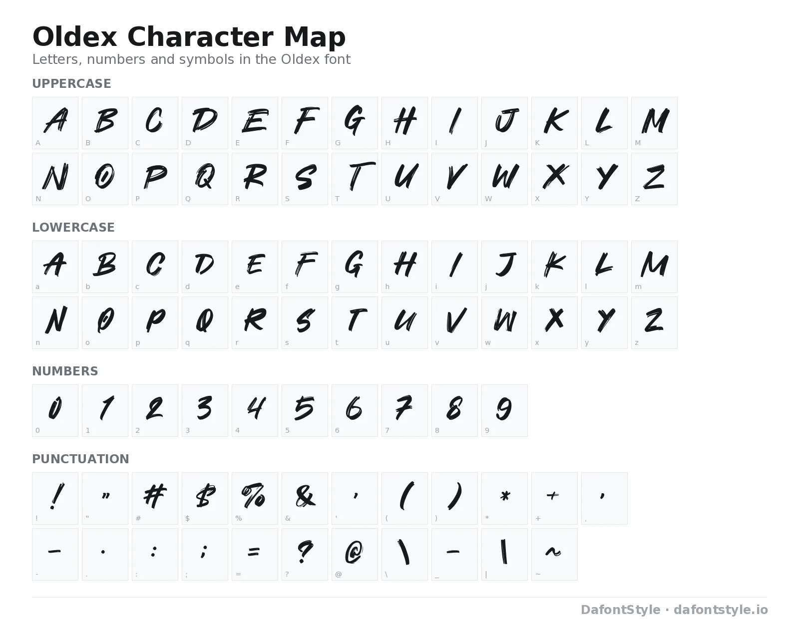 Oldex font character map with uppercase and lowercase letters, numbers and symbols