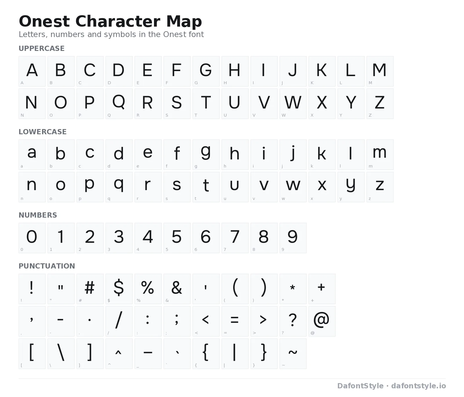Onest font character map with uppercase and lowercase letters, numbers and symbols