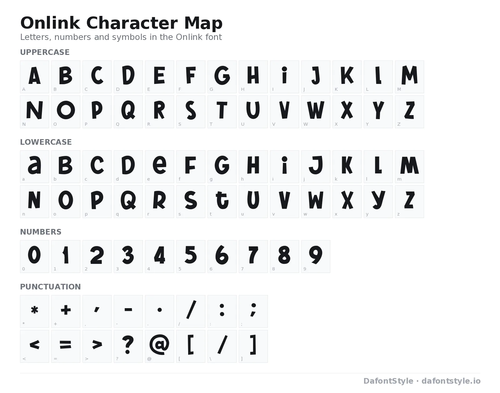 Onlink font character map with uppercase and lowercase letters, numbers and symbols