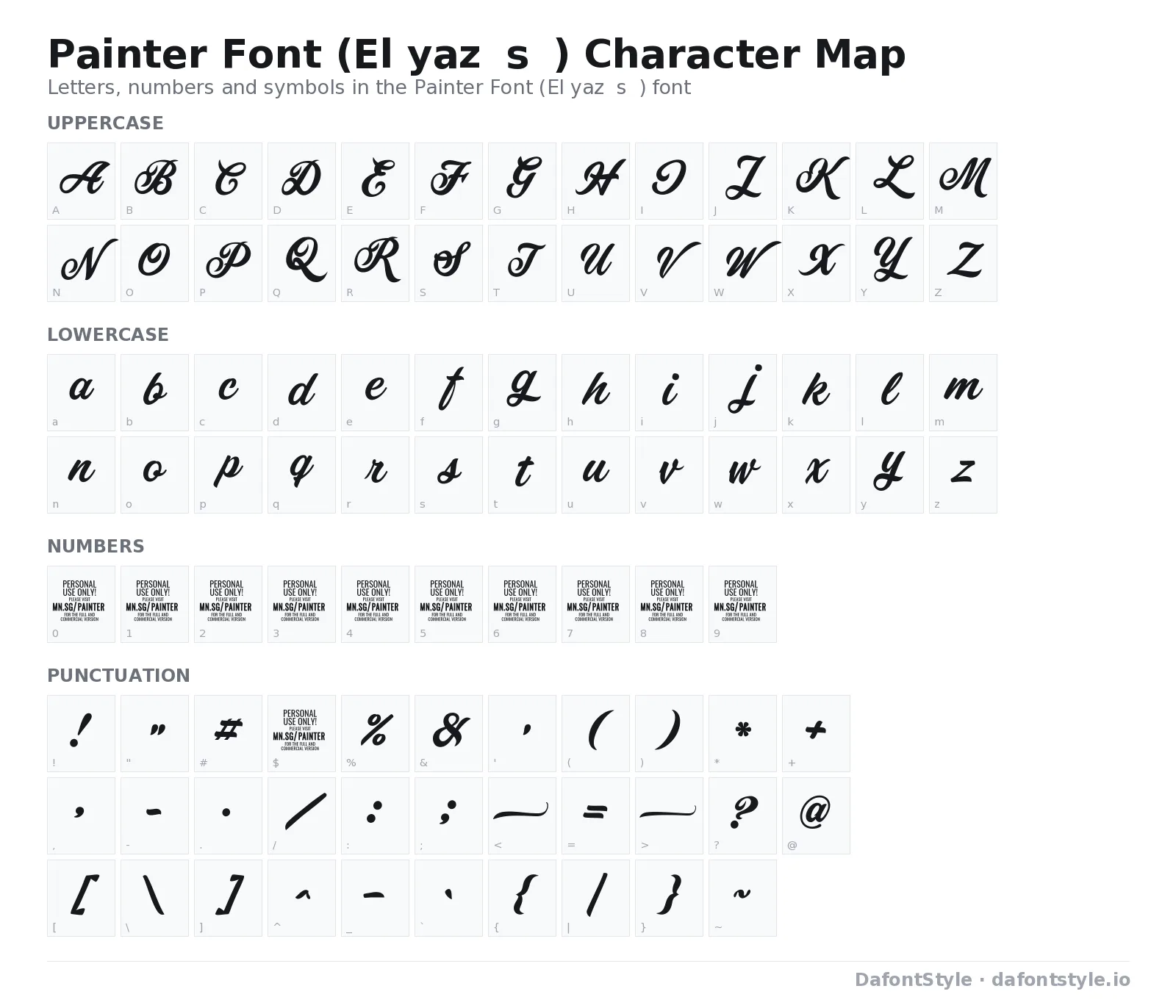 Painter Font (El yazısı) font character map with uppercase and lowercase letters, numbers and symbols