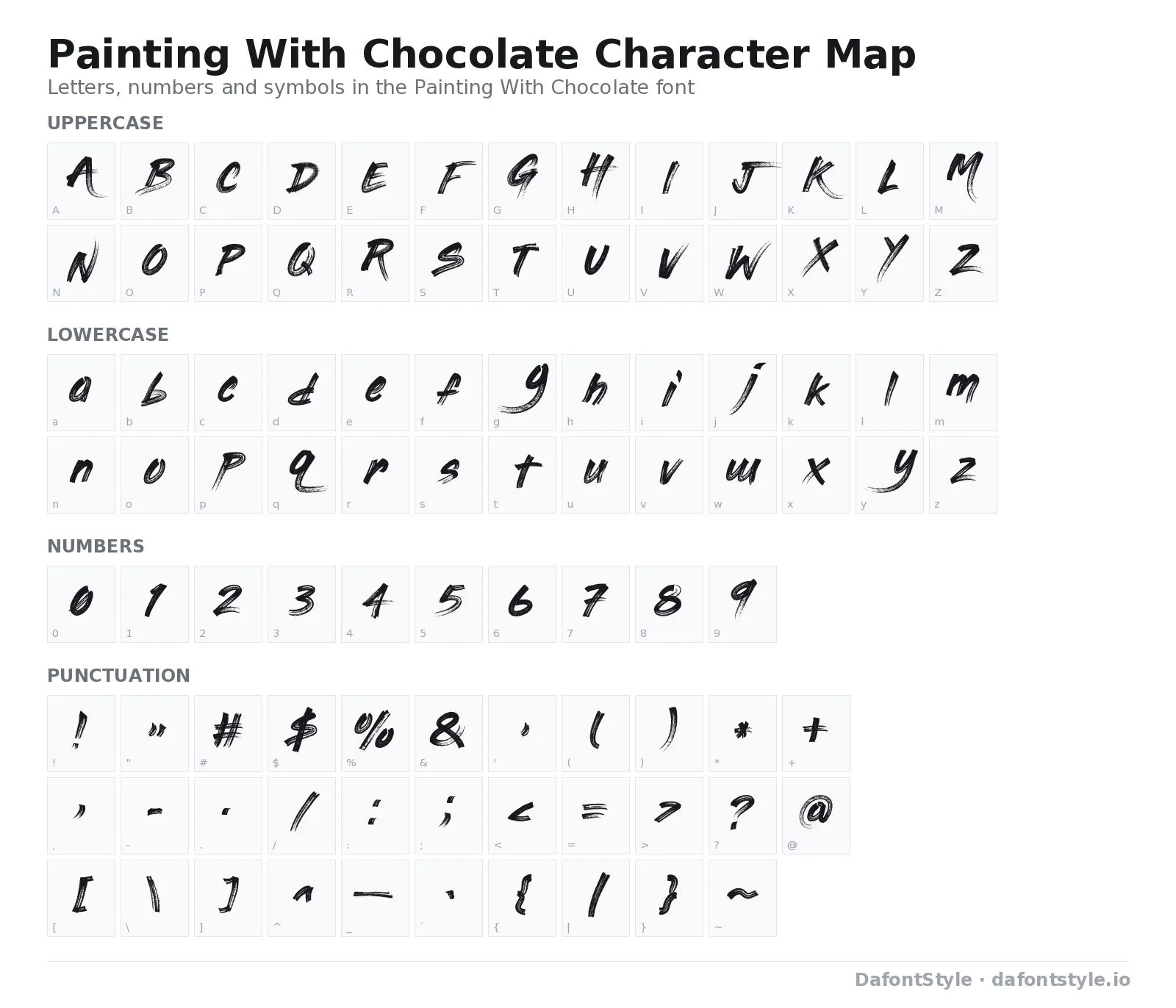 Painting With Chocolate font character map with uppercase and lowercase letters, numbers and symbols