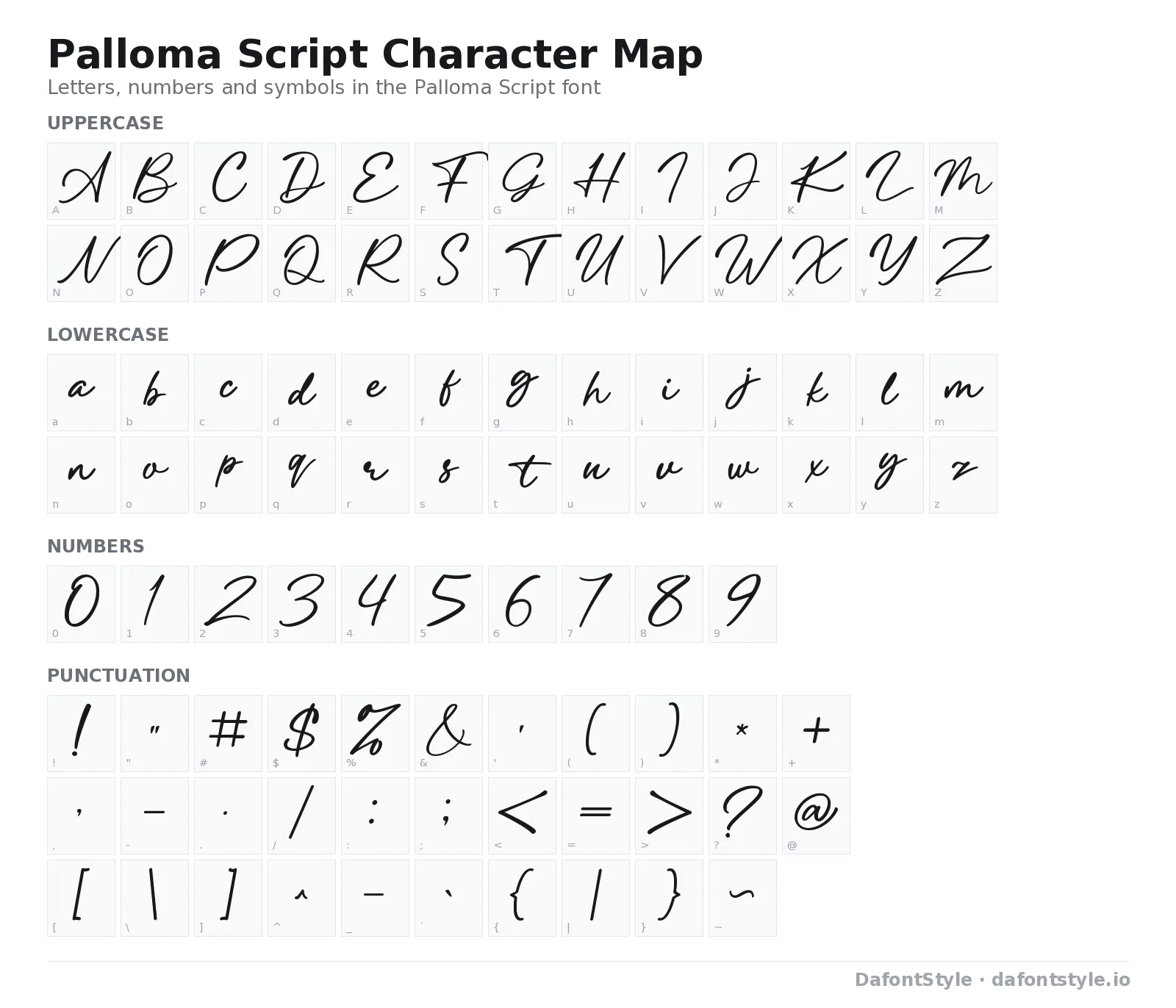 Palloma Script font character map with uppercase and lowercase letters, numbers and symbols