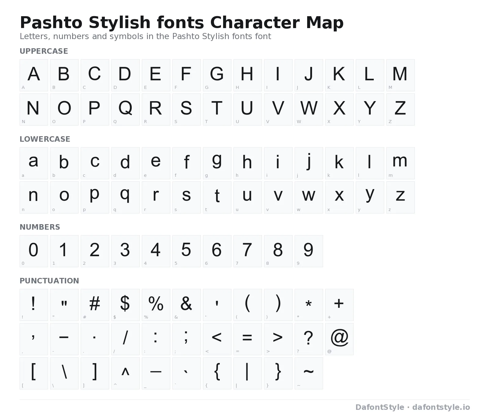 Pashto Stylish fonts font character map with uppercase and lowercase letters, numbers and symbols