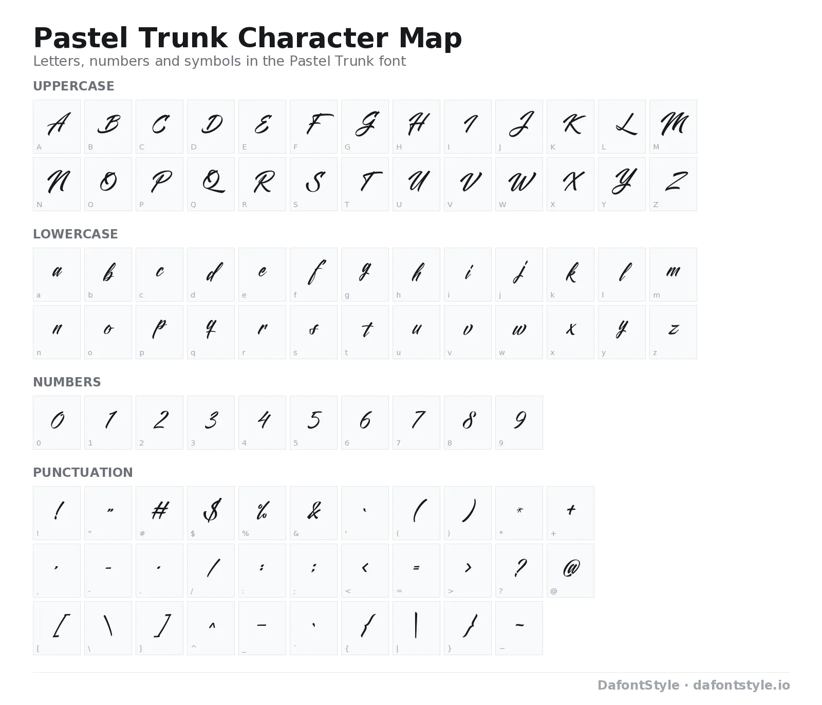 Pastel Trunk font character map with uppercase and lowercase letters, numbers and symbols