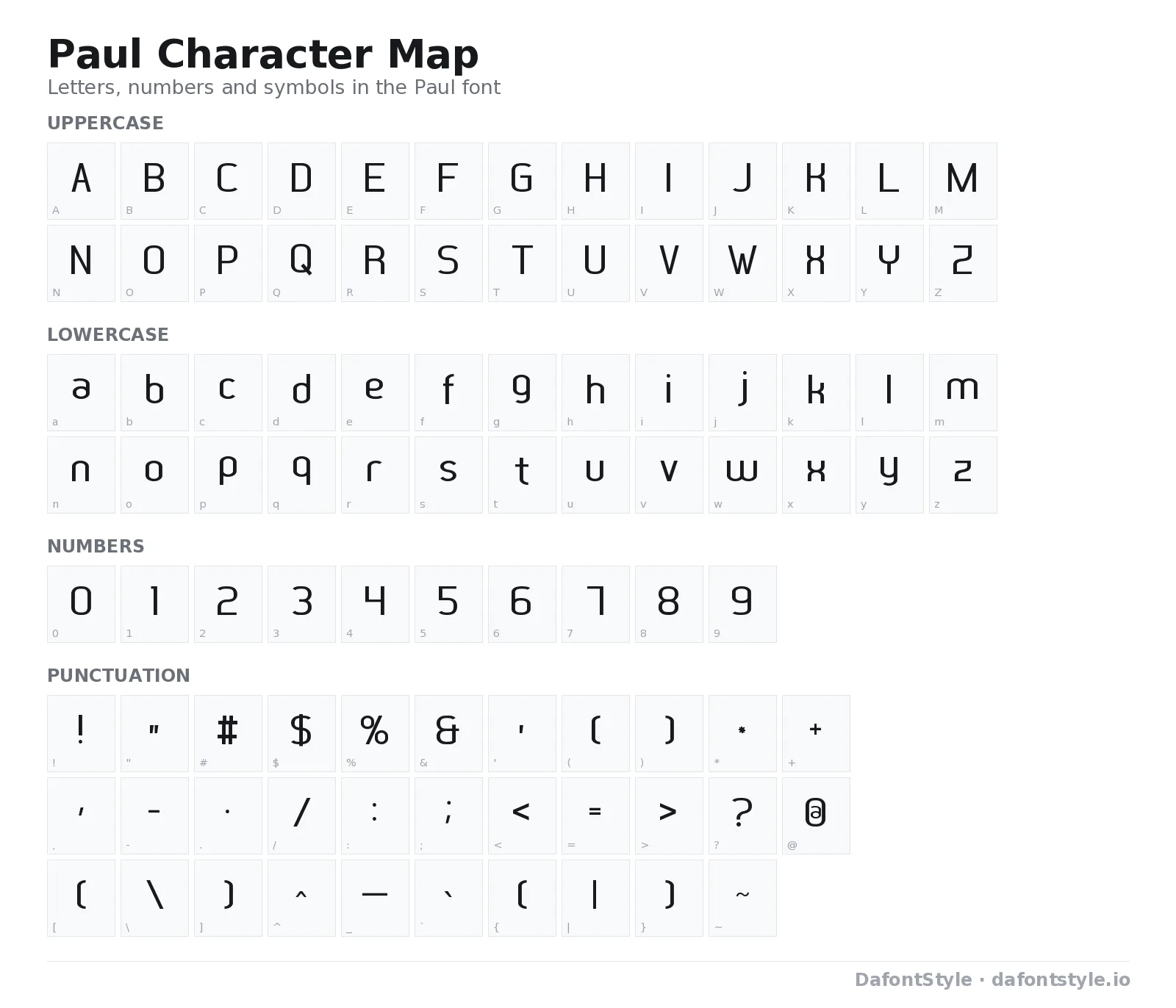 Paul font character map with uppercase and lowercase letters, numbers and symbols